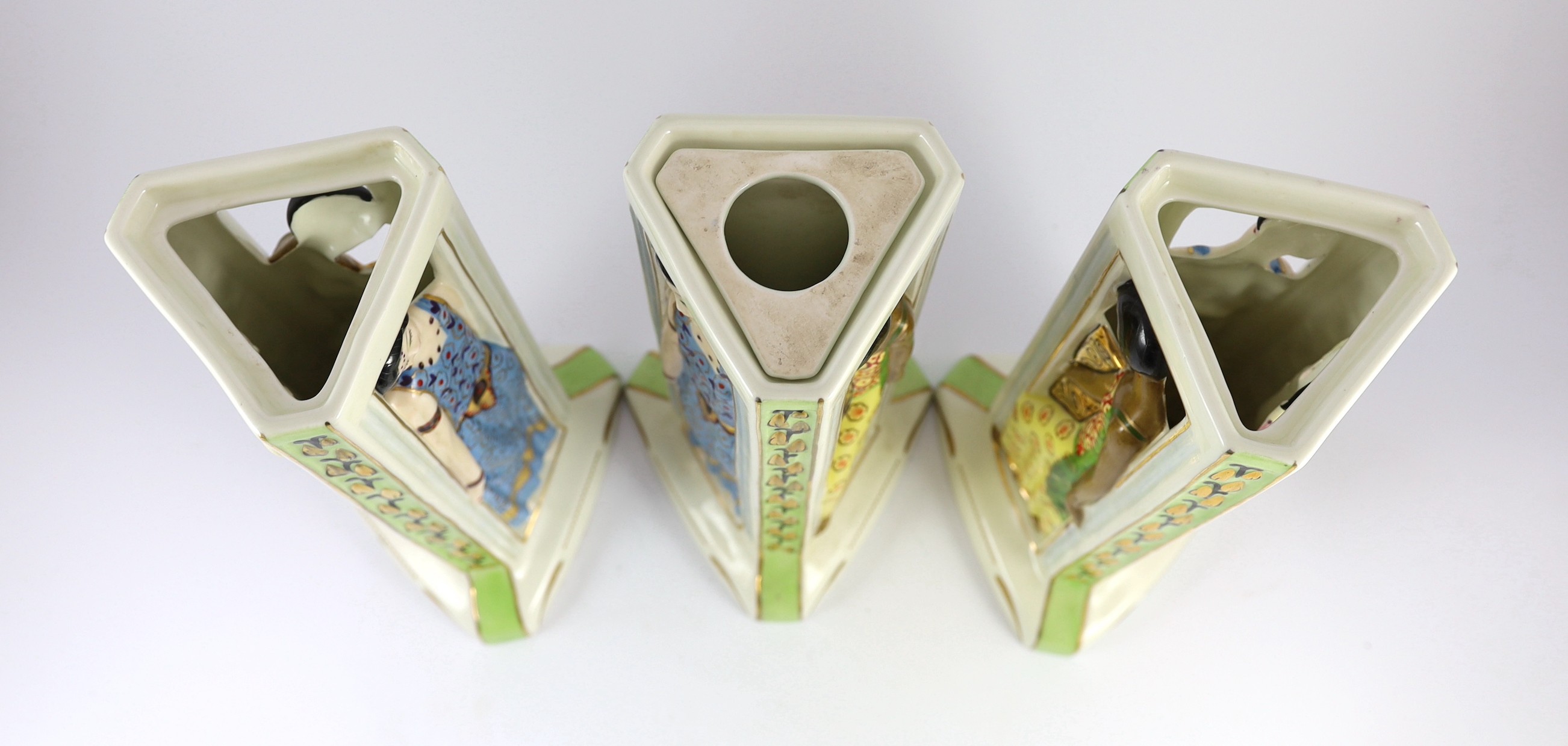 Three Limoges for Maison Duchaussy Art Deco ceramic 'Three Continents' perfume burners, 42cms high 42.5cm high